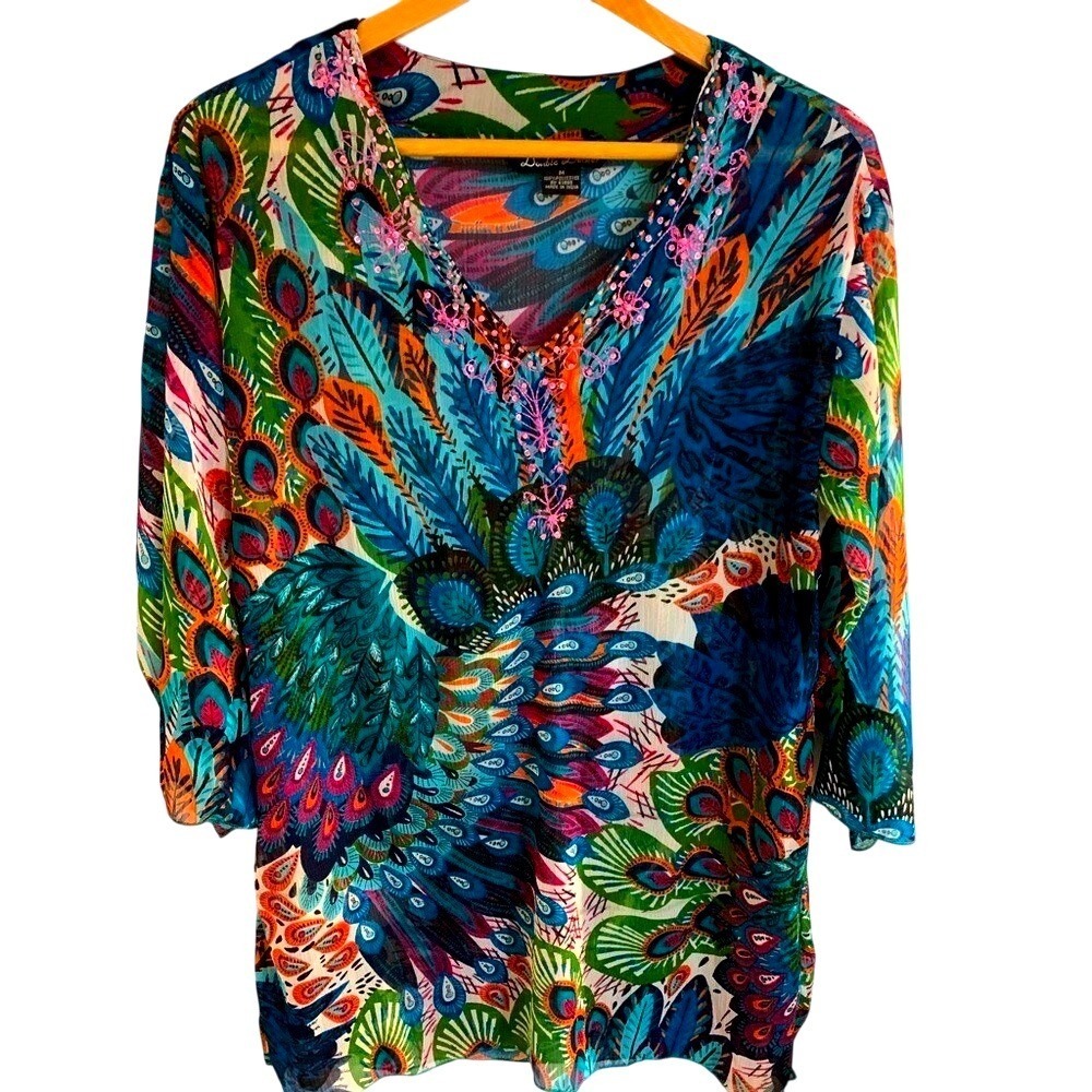 Double Decker Tunic Top Womens Medium Multicolor Peacock Feather Boho‎ Sequin